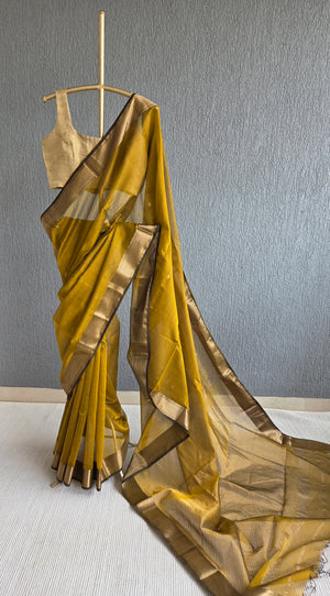 'DHANALAKSHMI: MUSTARD' Handwoven Silk-Cotton Maheshwari Saree