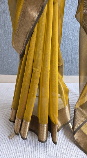 'DHANALAKSHMI: MUSTARD' Handwoven Silk-Cotton Maheshwari Saree