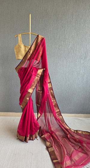 'DHANALAKSHMI: RASPBERRY' Handwoven Silk-Cotton Maheshwari Saree