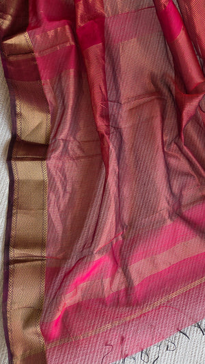 'DHANALAKSHMI: RASPBERRY' Handwoven Silk-Cotton Maheshwari Saree