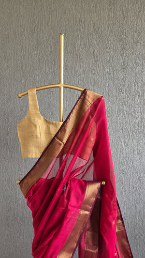 'DHANALAKSHMI: RASPBERRY' Handwoven Silk-Cotton Maheshwari Saree