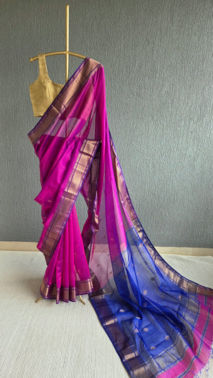 'AVYUKTA: PINK DUAL-TONED' Handwoven Silk-Cotton Maheshwari Saree