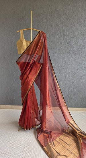 'HAIMAVATHI: RUST' Handwoven Tissue Silk Maheshwari Saree