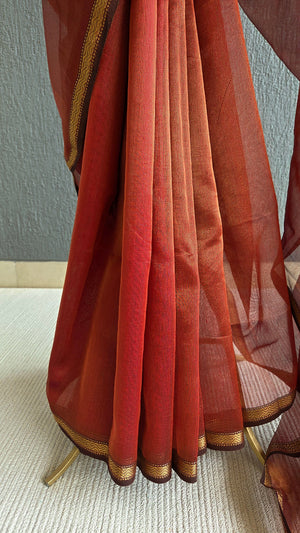 'HAIMAVATHI: RUST' Handwoven Tissue Silk Maheshwari Saree