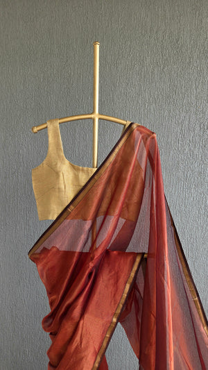 'HAIMAVATHI: RUST' Handwoven Tissue Silk Maheshwari Saree