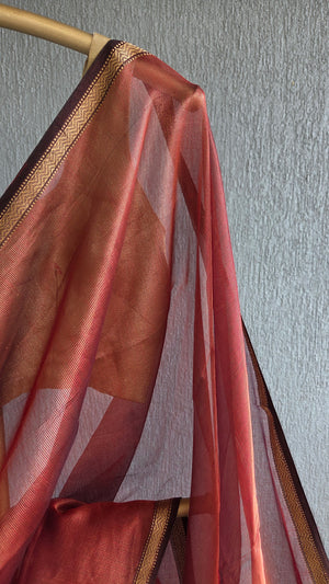 'HAIMAVATHI: RUST' Handwoven Tissue Silk Maheshwari Saree