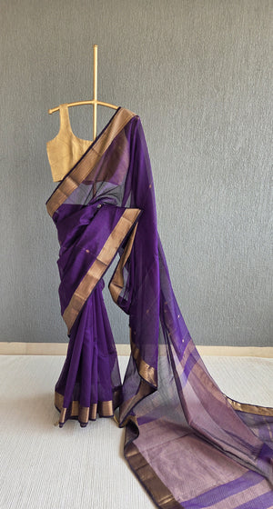 'DHANALAKSHMI: PURPLE' Handwoven Silk-Cotton Maheshwari Saree