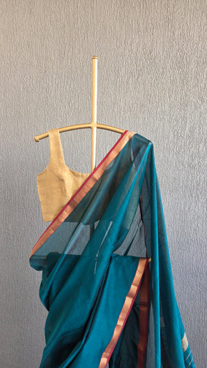 'NANDITHA: DARK TEAL' Handwoven Silk-Cotton Maheshwari Saree