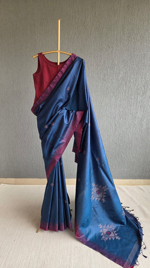 'RUN IT BY: DEEP BLUE' Handwoven Tussar Silk Saree