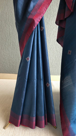 'RUN IT BY: DEEP BLUE' Handwoven Tussar Silk Saree