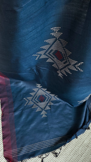 'RUN IT BY: DEEP BLUE' Handwoven Tussar Silk Saree
