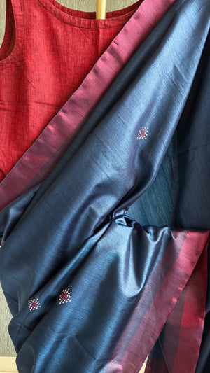 'RUN IT BY: DEEP BLUE' Handwoven Tussar Silk Saree
