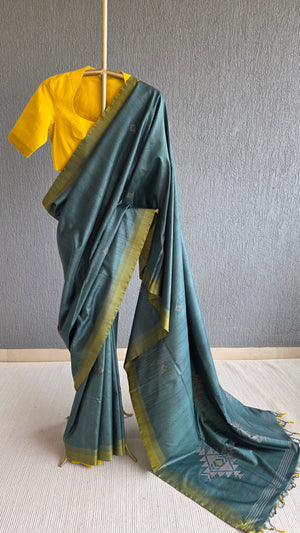 'RUN IT BY: DEEP GREEN' Handwoven Tussar Silk Saree