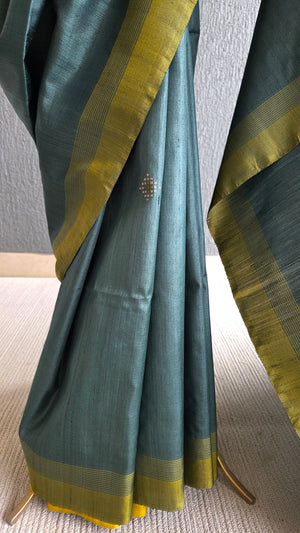 'RUN IT BY: DEEP GREEN' Handwoven Tussar Silk Saree