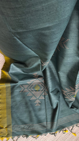 'RUN IT BY: DEEP GREEN' Handwoven Tussar Silk Saree