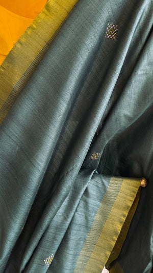 'RUN IT BY: DEEP GREEN' Handwoven Tussar Silk Saree