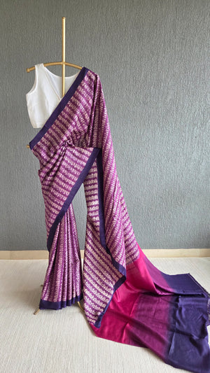 'ACTION POINTS' Handwoven and Hand Block Printed Tussar Silk Saree