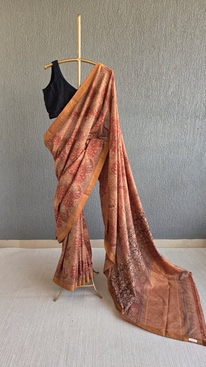 'MODUGA: DUSTY ORANGE' Kalamkari on Handwoven Mangalagiri saree