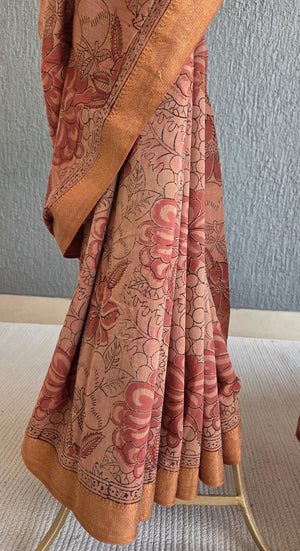 'MODUGA: DUSTY ORANGE' Kalamkari on Handwoven Mangalagiri saree