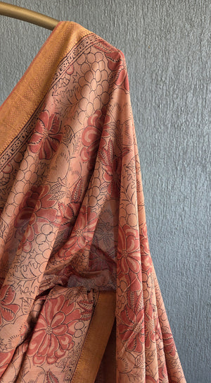 'MODUGA: DUSTY ORANGE' Kalamkari on Handwoven Mangalagiri saree