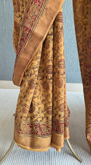 'KANAKAMBARAM' Kalamkari on Handwoven Mangalagiri saree