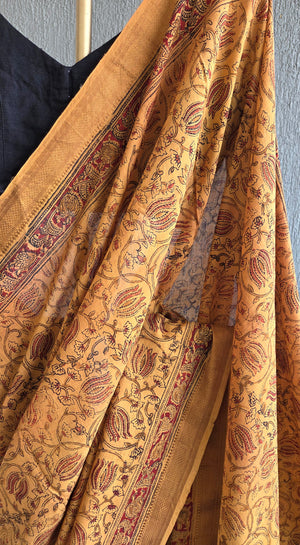 'KANAKAMBARAM' Kalamkari on Handwoven Mangalagiri saree
