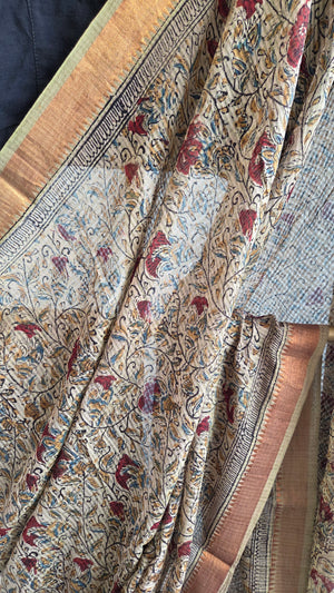 'PAARIJATHAM' Kalamkari on Handwoven Mangalagiri saree