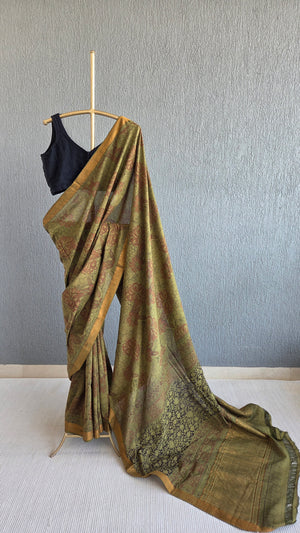 'MODUGA: WARM GREEN' Kalamkari on Handwoven Mangalagiri saree