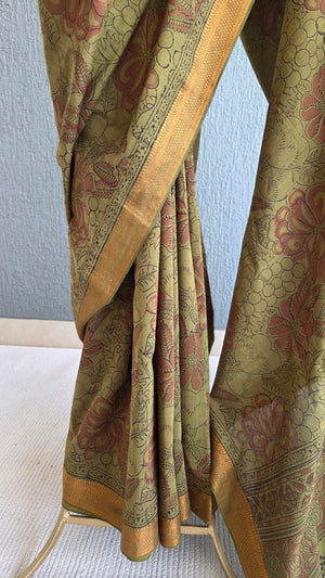 'MODUGA: WARM GREEN' Kalamkari on Handwoven Mangalagiri saree