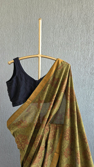 'MODUGA: WARM GREEN' Kalamkari on Handwoven Mangalagiri saree