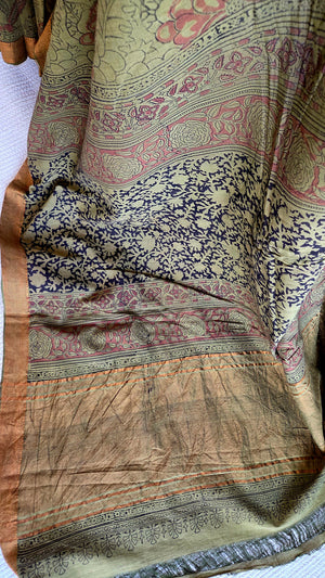 'MODUGA: WARM GREEN' Kalamkari on Handwoven Mangalagiri saree