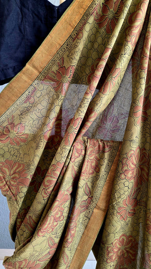 'MODUGA: WARM GREEN' Kalamkari on Handwoven Mangalagiri saree