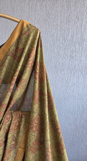 'MODUGA: WARM GREEN' Kalamkari on Handwoven Mangalagiri saree