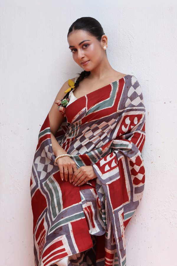 'ALBERS: Red' Batik on Handwoven Mulberry silk