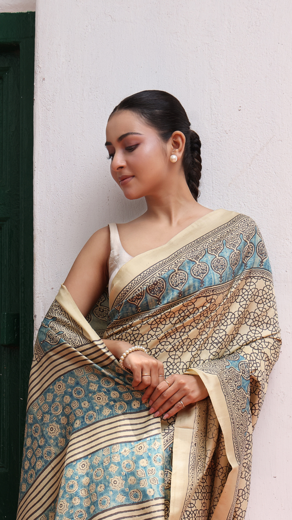 'KAMLAPATI: Butter' Ajrakh Handwoven Mulberry Silk Saree