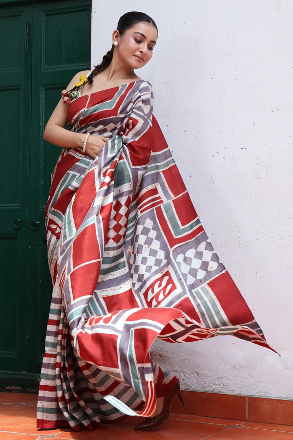 'ALBERS: Red' Batik on Handwoven Mulberry silk