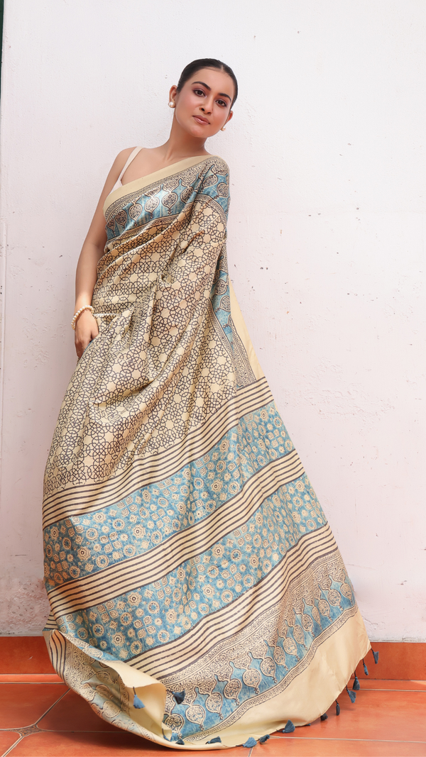 'KAMLAPATI: Butter' Ajrakh Handwoven Mulberry Silk Saree