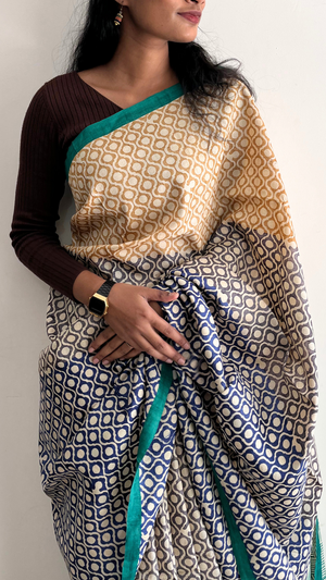 'PRIDE & PREJUDICE: Multi-coloured' Hand block print on Handwoven Tussar Silk