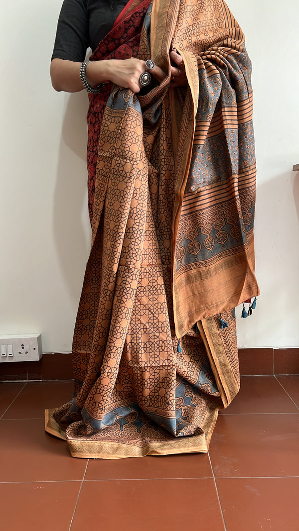 'KAMLAPATI: Manjista' Handblock printed Ajrakh on Handwoven Maheshwari