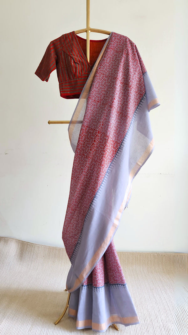 'ABHILASHA: Grey' Hand block printed Bengal Cotton Saree