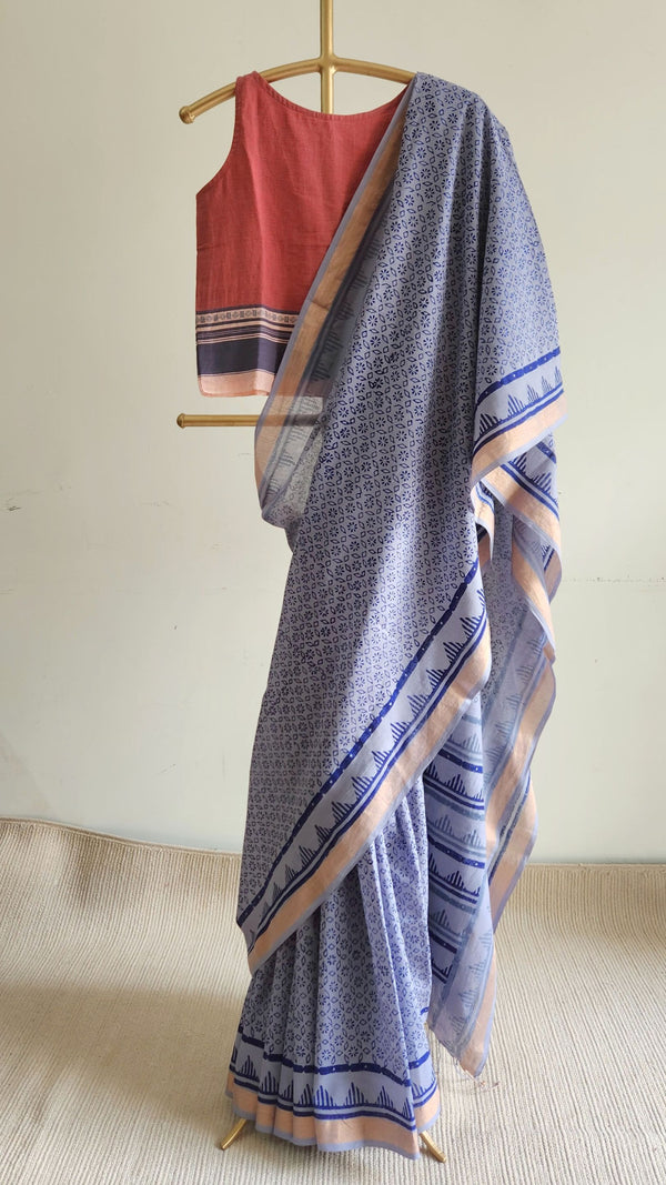 'ADHIKA: Grey' Hand block printed Bengal Cotton Saree