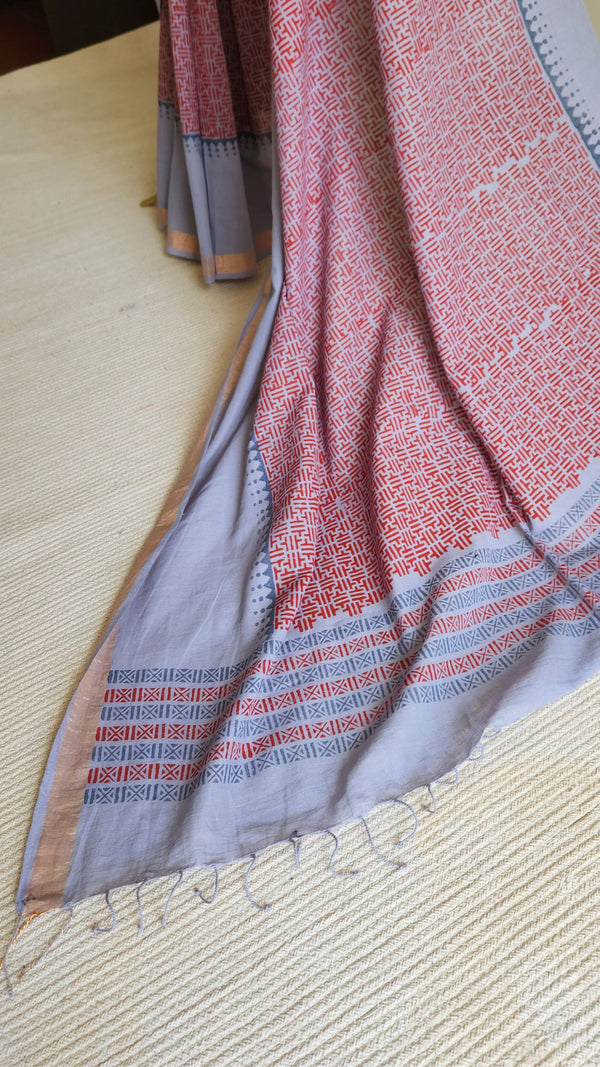 'ABHILASHA: Grey' Hand block printed Bengal Cotton Saree