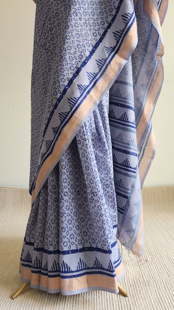 'ADHIKA: Grey' Hand block printed Bengal Cotton Saree