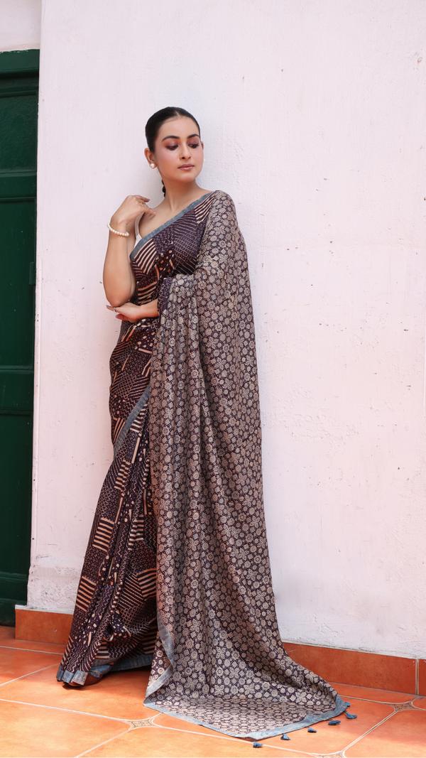 'NAIKI DEVI: Indigo' Ajrakh Handwoven Mulberry Silk Saree