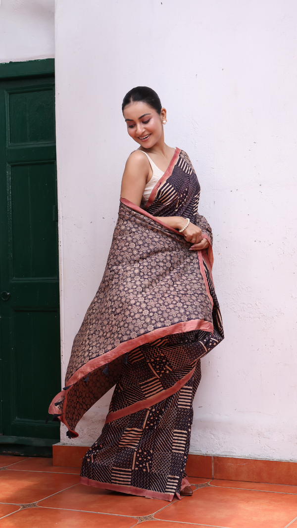 'NAIKI DEVI: Red' Ajrakh Handwoven Mulberry Silk Saree