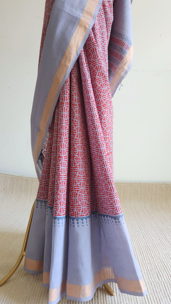 'ABHILASHA: Grey' Hand block printed Bengal Cotton Saree