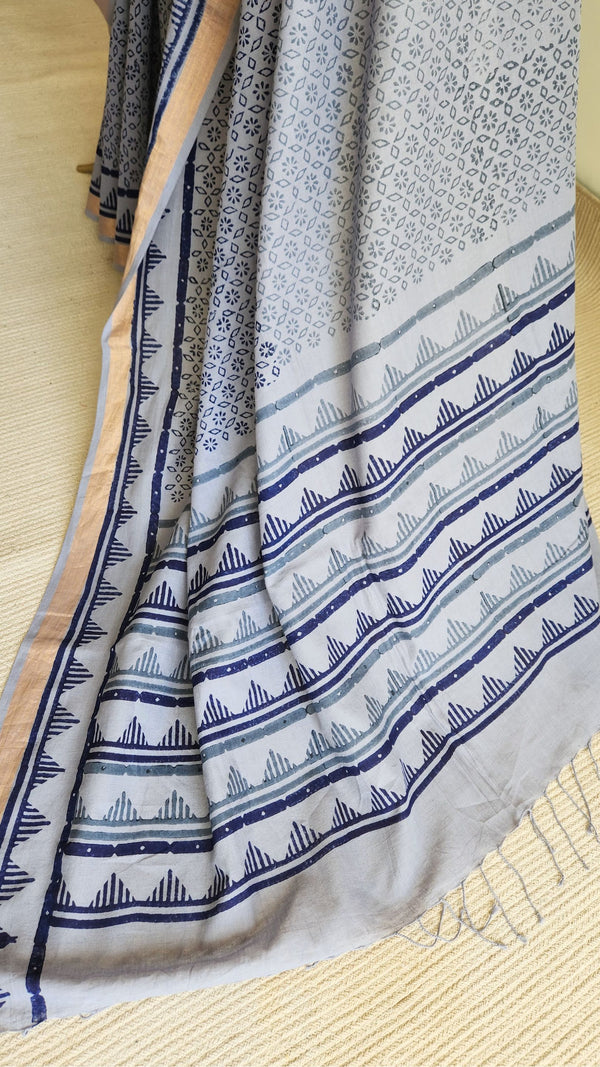 'ADHIKA: Grey' Hand block printed Bengal Cotton Saree