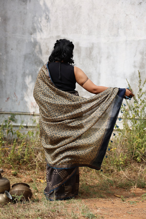 'SAMYAK: Black-Beige' Ajrakh Maheshwari Handloom Saree