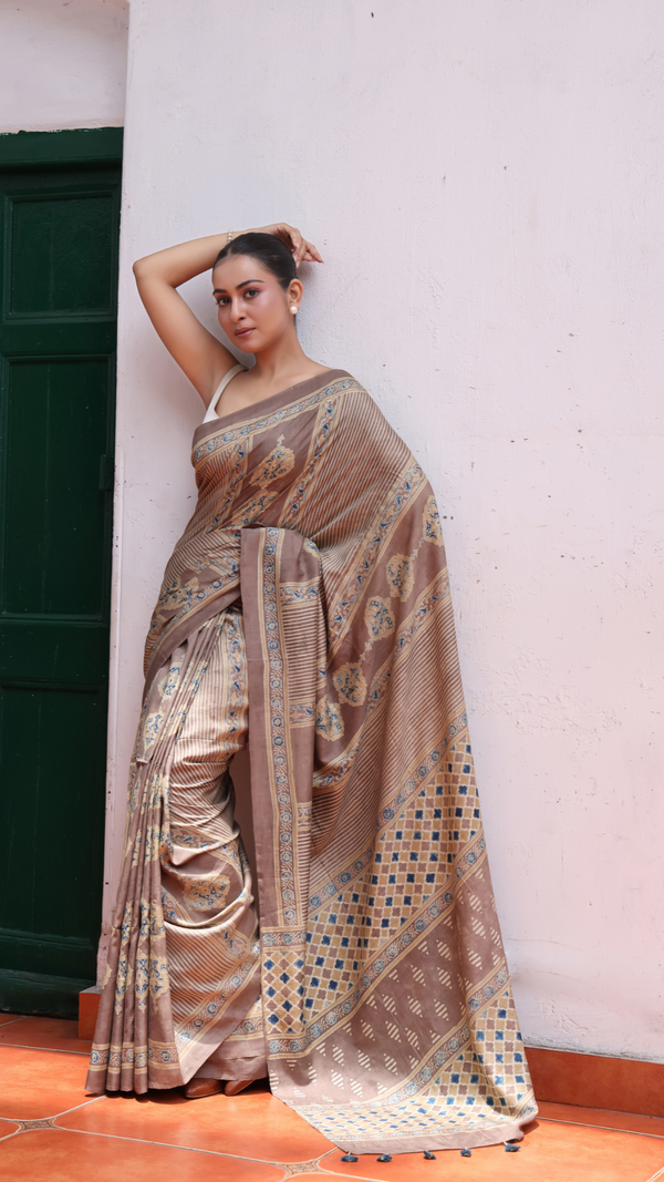 'SHAHJEHAN: Brown' Ajrakh Handwoven Mulberry Silk Saree