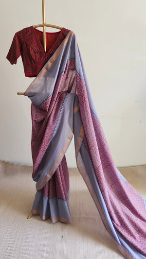 'ABHILASHA: Grey' Hand block printed Bengal Cotton Saree